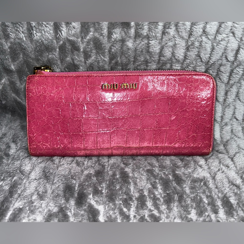Mui Mui PINK croc embossed  long zip around wallet